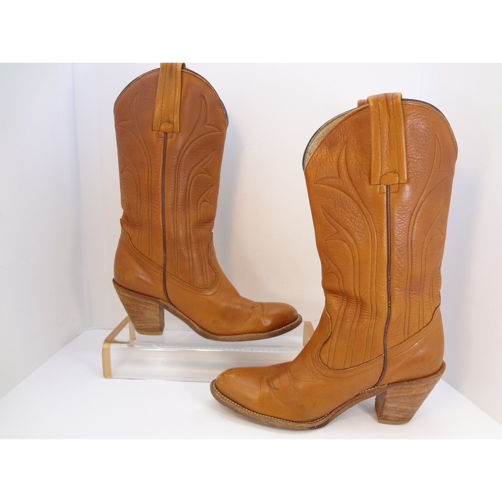 Frye Western Cowboy Boots Womens 7.5B Tan Leather Good Vintage Stacked Heel USA - Picture 5 of 9